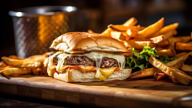 Burger grillé juteux avec fromage fondu et frites