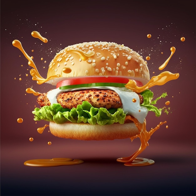 Burger avec des ingrédients volants et des éclaboussures de jus isolés sur un fond de couleur de teinte