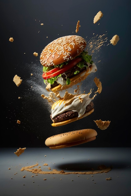 burger avec ingrédients volants, fromage, boeuf, laitue, cornichon, tomate, ketchup, ketchup. illustration de produit créée avec la technologie Generative AI