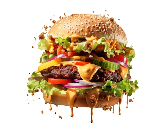 Burger isolé sur fond transparent blanc Fast food Hamburger couches et ingrédients