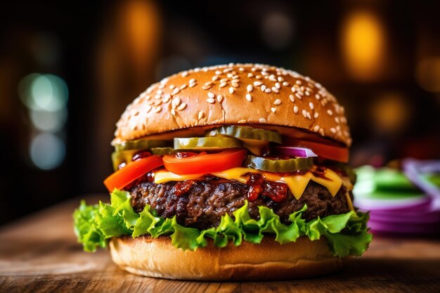 Burger isolé sur une plaque de bois