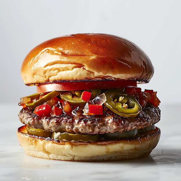 Photo burger jalapeno épicé sur fond blanc