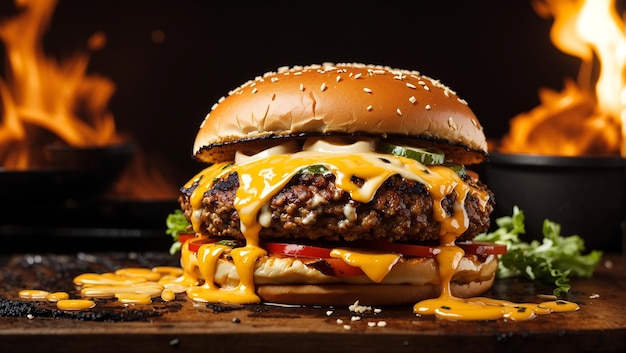 Un burger juteux grillé à la flamme avec du fromage fondu suintant du fond d'écran des côtés généré par l'IA