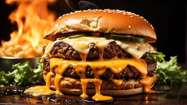 Un burger juteux grillé à la flamme avec du fromage fondu suintant du fond d'écran des côtés généré par l'IA