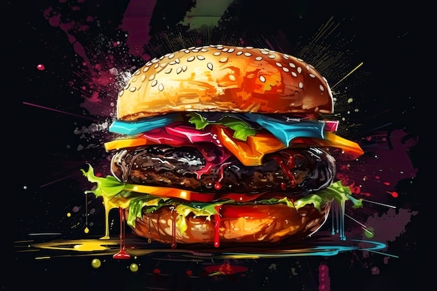 Burger juteux illustré sur fond sombre avec des touches multicolores Illustration de l'IA générative