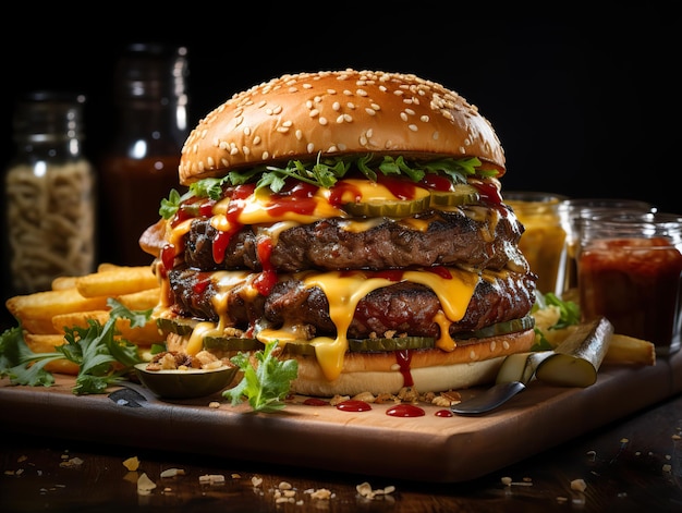 Burger juteux sur une planche de bois sur un fond flou AI générative