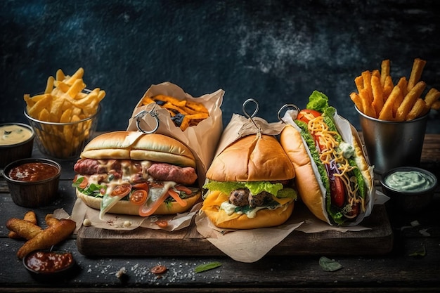 Photo burger juteux avec viande et saladestreet food generative ai