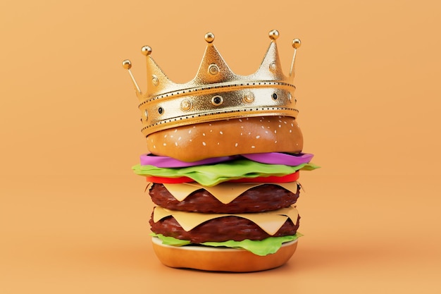 Burger king un gros burger dans une couronne sur un rendu 3D de fond orange