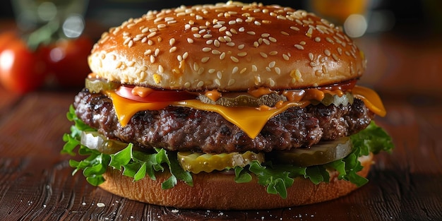 Un burger avec de la laitue de tomate et des cornichons sur une table en bois.