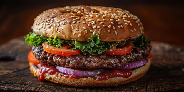 Un burger avec de la laitue de tomate et des cornichons sur une table en bois.