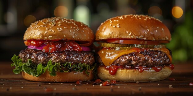 Un burger avec de la laitue de tomate et des cornichons sur une table en bois.