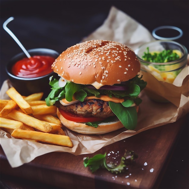 Un burger avec de la laitue tomate