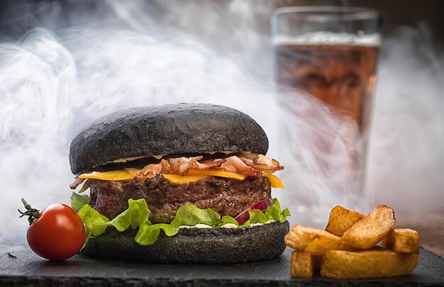 Photo burger noir sur une assiette en pierre tomates cerises pommes de terre frites