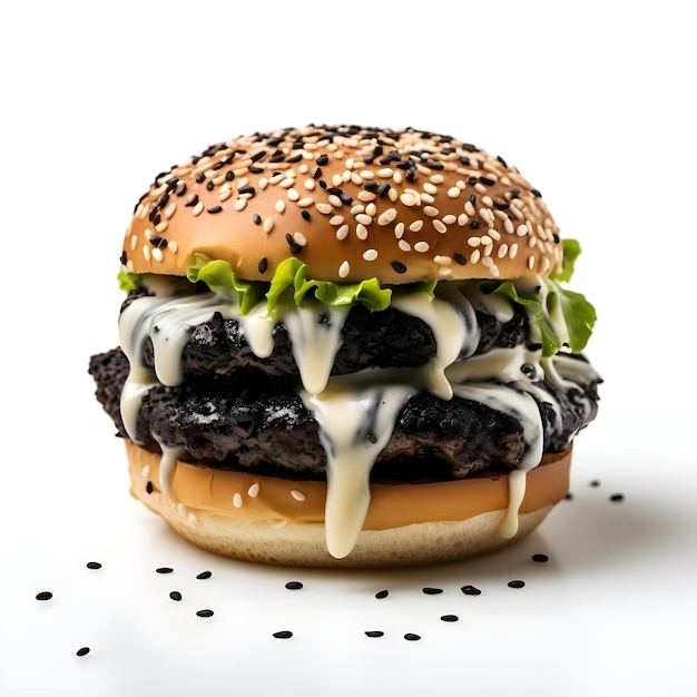 Burger noir avec tomate au fromage et laitue sur fond blanc