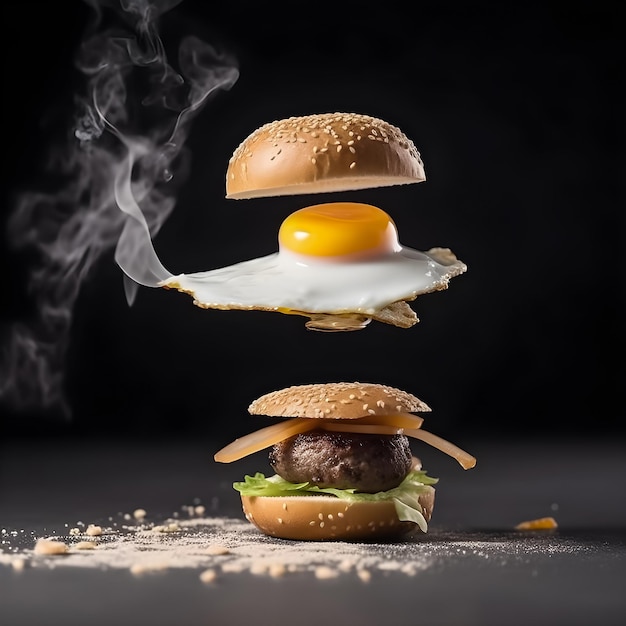 Un burger avec un œuf dessus et le mot " frit " sur le dessus.