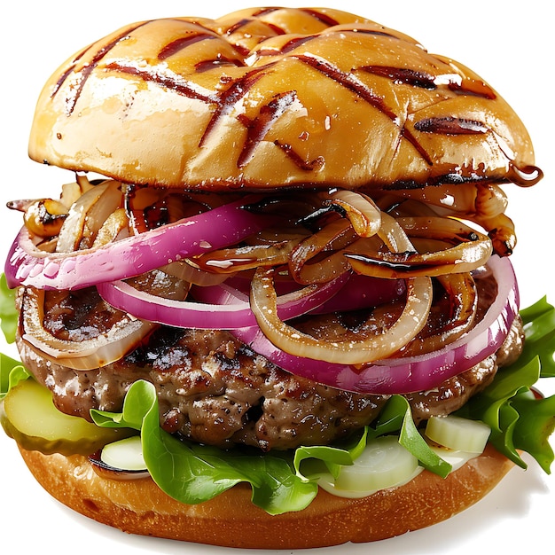 Burger à l'oignon caramélisé sur fond blanc