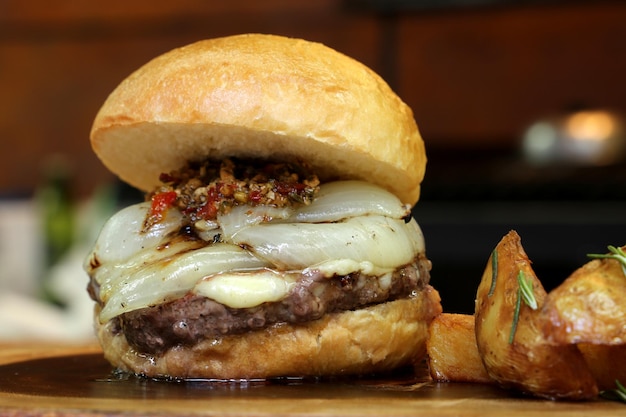 Burger à l'oignon sur le dessus et Chimichurri Sur un fond de bois rustique