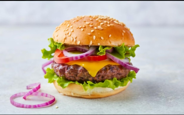 Burger avec des oignons rouges marinés