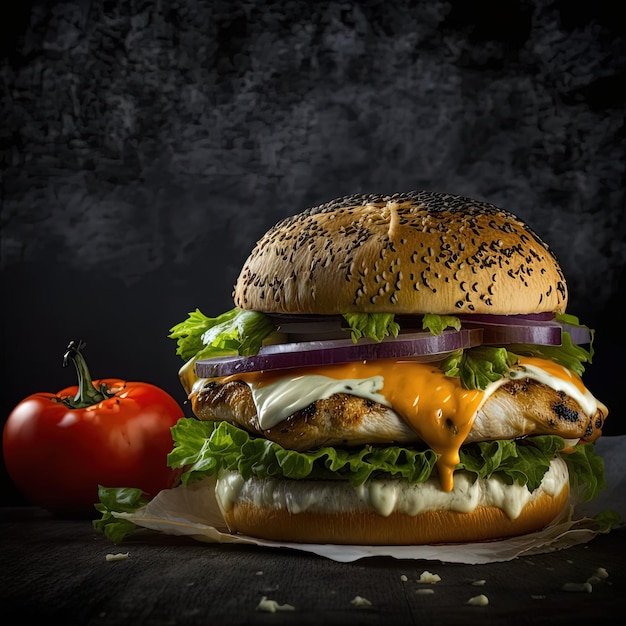 Un burger avec un pain aux graines de sésame et une tomate dessus.