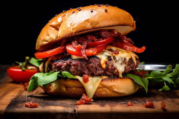 Photo burger avec un piment rouge rôti et une sauce à la tomate aioli séchée au soleil