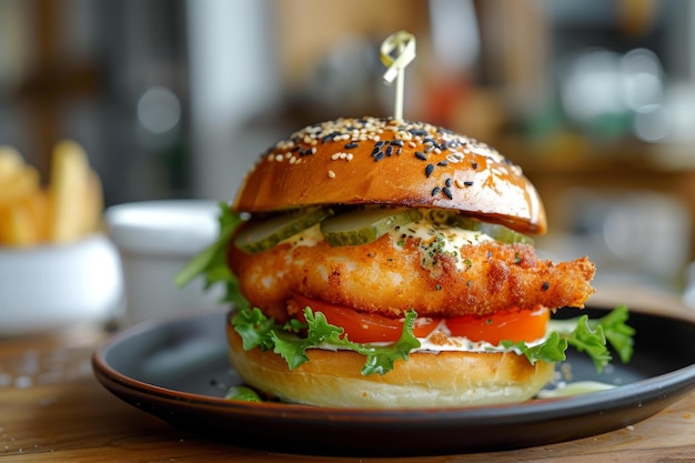 Photo burger de poisson au pain gourmet avec des frites