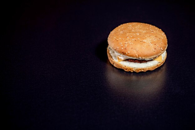 Burger de poisson bouchent sur fond noir isolé