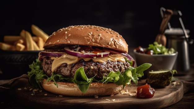 Un burger avec une portion de frites et une portion de frites