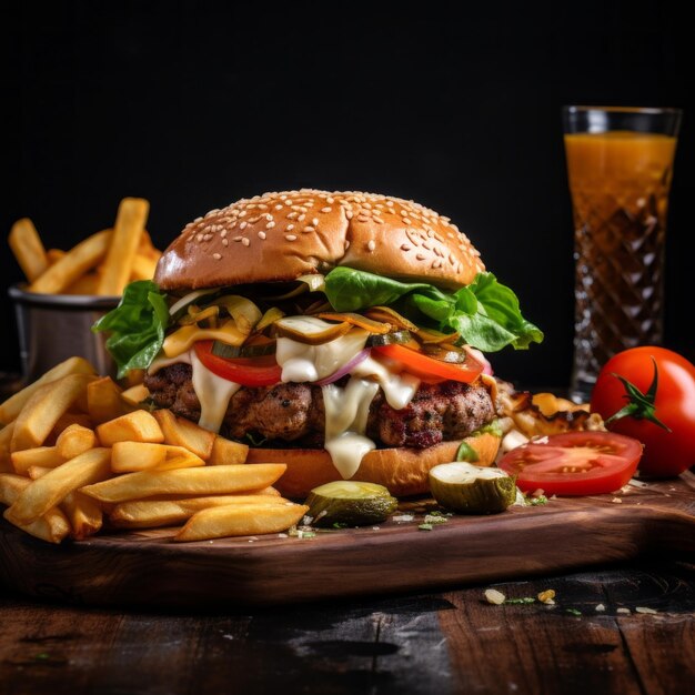 Photo burger de poulet de bœuf cheddar mozz bâtons des légumes chips sur une planche de bois sur un sombre