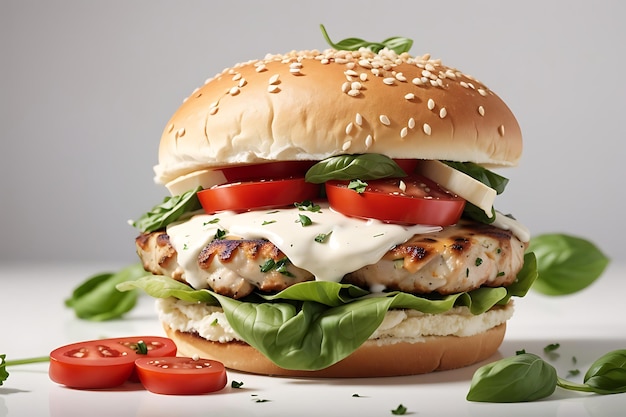 Burger de poulet Caprese sur fond blanc