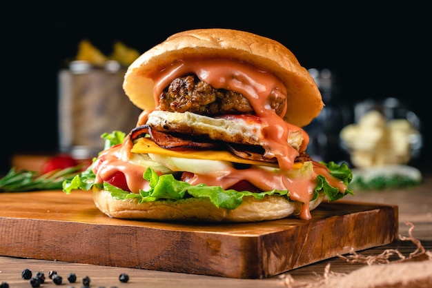 Burger de poulet frais et savoureux sur la photographie d'humeur sombre de la table en bois