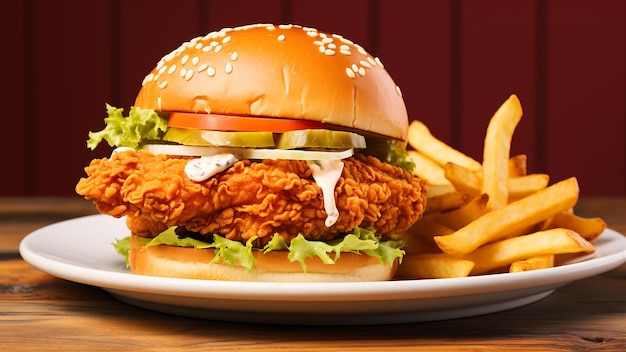 Photo burger avec poulet frit et frites sur une table en bois ai generative