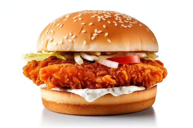 Un burger de poulet avec de la laitue, de la tomate et de la mayonnaise dessus