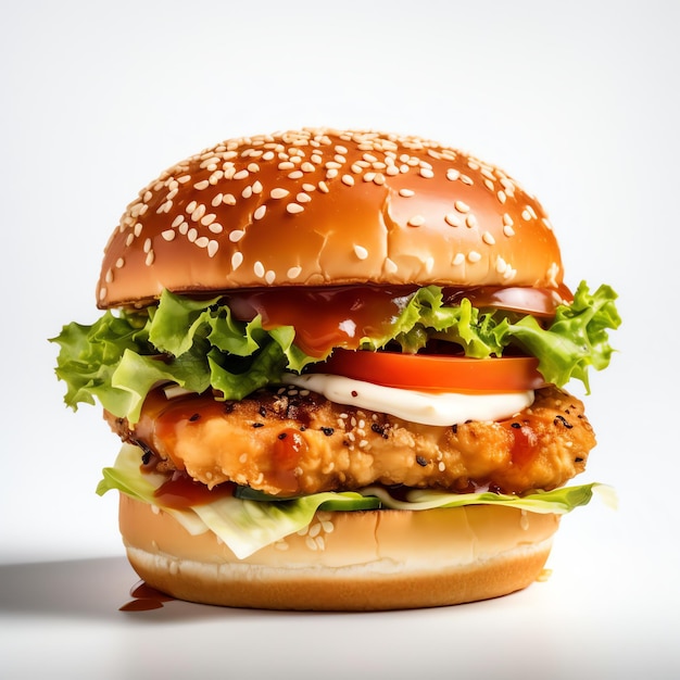 Burger de poulet propre génératif sur fond blanc Délice irrésistible à chaque bouchée