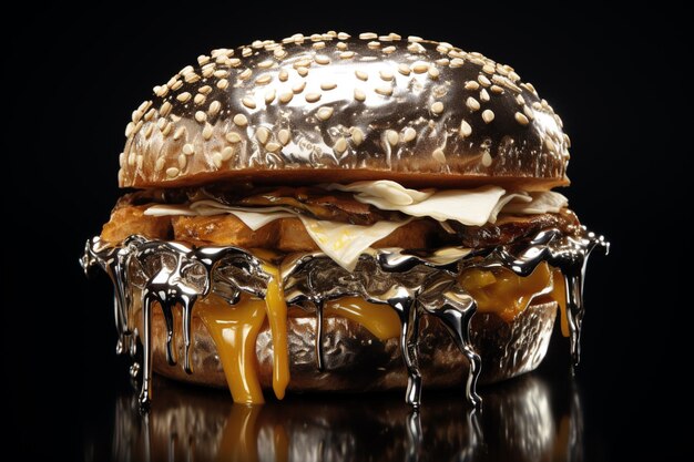 Photo burger recouvert d'argent sur un fond sombre
