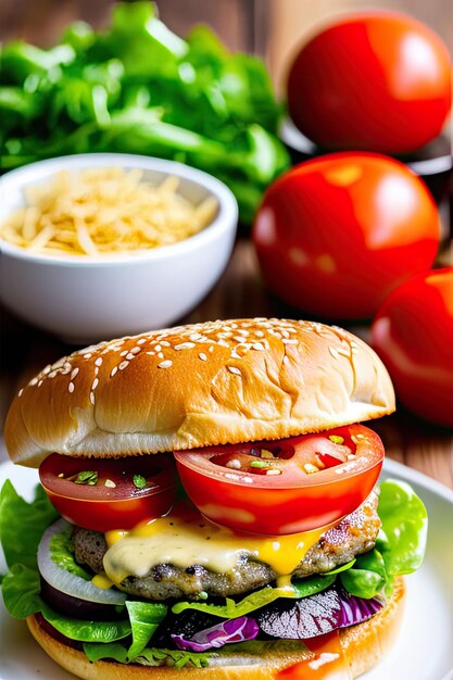 burger avec salade de fromage à l'oignon et à la tomate
