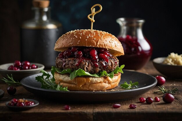 Photo un burger de sanglier sauvage gourmet avec de la compote de canneberges