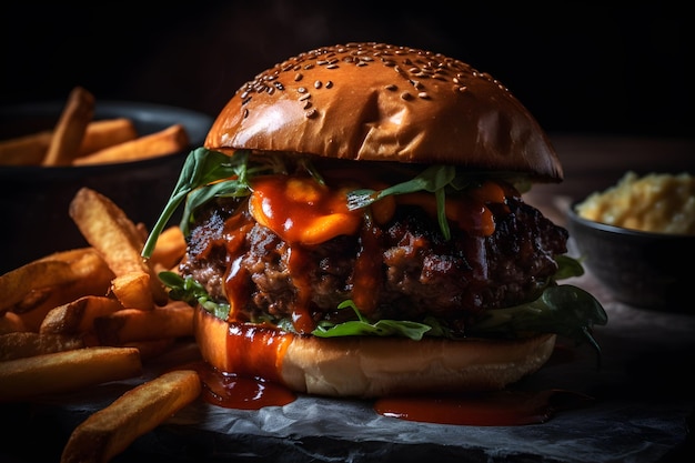 Un burger avec une sauce bbq et un accompagnement de frites