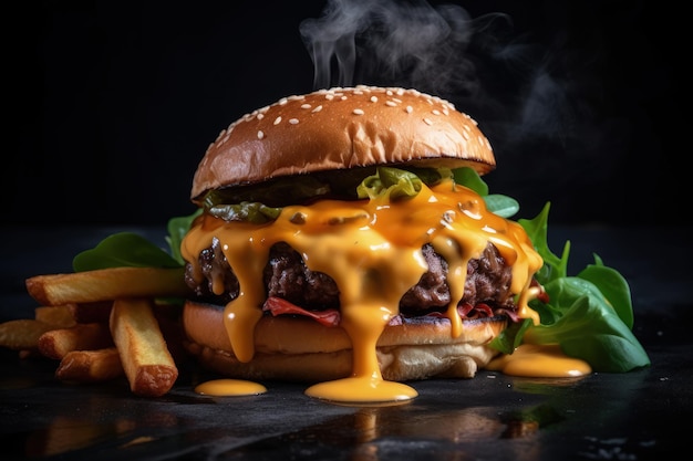 Un burger avec une sauce dessus et un tas de frites