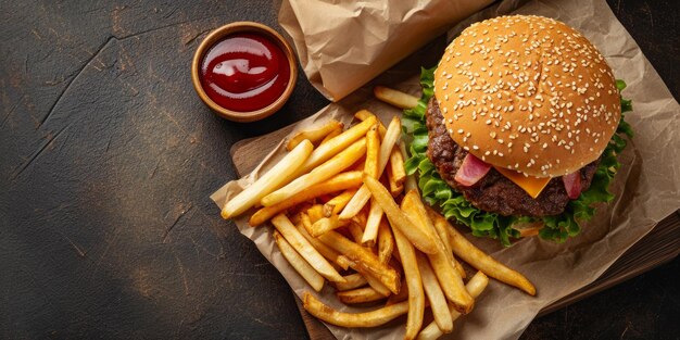 burger avec sauce frite vue supérieure IA générative