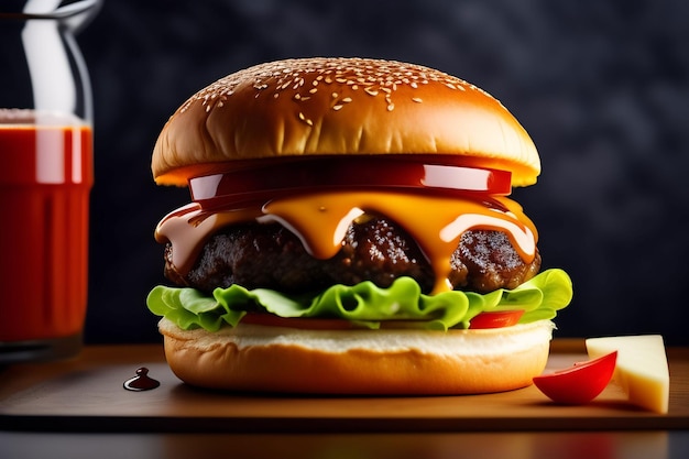 Un burger avec une sauce tomate dessus