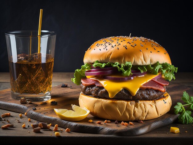 Burger savoureux fait maison avec du gros boeuf, du fromage, du bacon, de la tomate et de la laitue et une chope de bière blonde