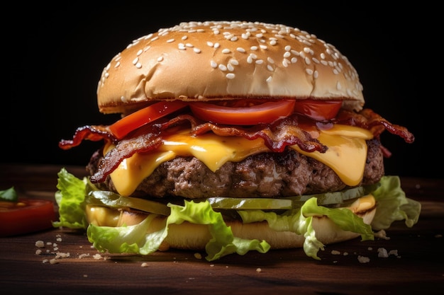 Burger savoureux frais sur table en bois ai génératif