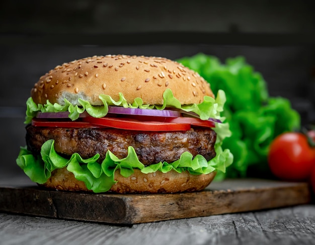 Burger savoureux frais sur une table en bois