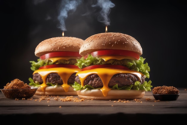 burger savoureux avec de la fumée en arrière-plan