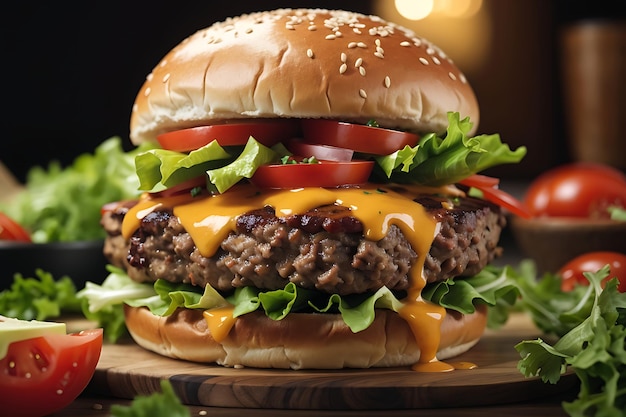 Burger savoureux en gros plan, burger au bœuf fait maison avec du bœuf au fromage à la tomate et de la salade