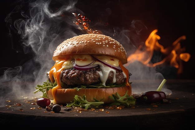 Burger savoureux avec illustration générative de feu ai