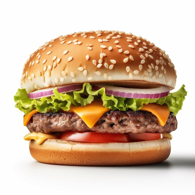 Burger savoureux isolé sur fond blanc Restauration rapide hamburger frais avec du boeuf et du fromage