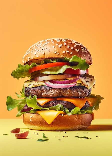 Burger savoureux avec oignon fromage viande sur fond rustique Hamburger sur fond moderne