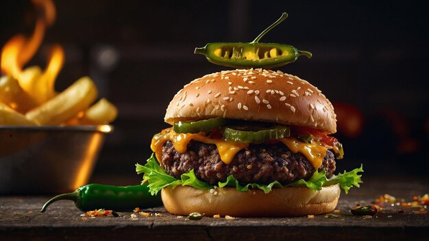 Photo burger servi avec un côté de jalapenos frits croustillants