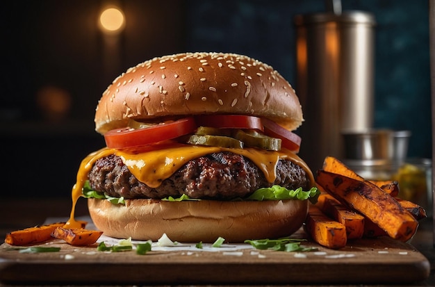 Burger servi avec une frite de pommes de terre douces à la mode